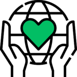 Simple green heart icon on a solid black background representing compassion and support.